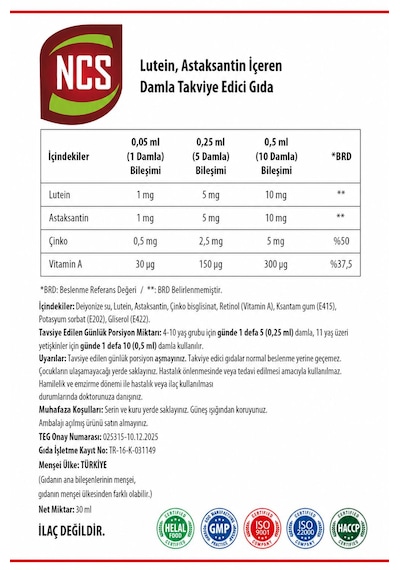 Lutein Astaksantin A Çinko Çocuklara Özel Damla 30 Ml
