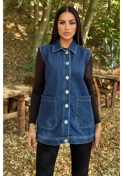 WeShaya Mavi Denim Kolsuz, Düğmeli, Geniş Cepli Uzun Kot Yelek Mavi