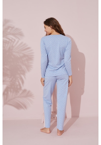 Siyah İnci Pamuklu Örme Pijama Takım 24241084 mavi