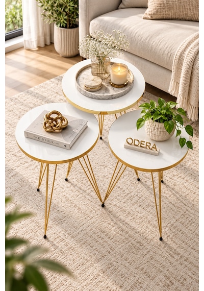 Odera Gold Beyaz Yuvarlak Zigon Sehpa 3'lü Set Gold Tel Metal Ayaklı Retro Salon Sehpası Diğer
