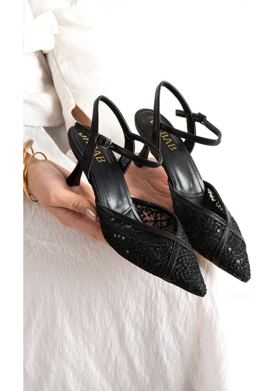 Dabab Shoes Laceva Kadın Siyah Dantel Detaylı Sivri Burun 6 Cm Topuklu Slingback Ayakkabı