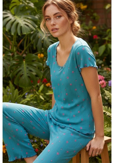 Siyah İnci Pamuklu Pointel Ajurlu/delikli Kısa Kolluörme Pijama Takım 26120641 Yeşil