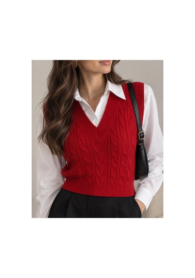 Youknitwear You Cameron %100 Pamuk V Yaka Kadın Süveter Kırmızı