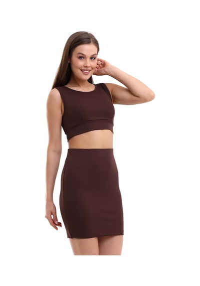 Winmoda34 Kadın Etek-crop 2li Takım Fitilli Kumaş Full Likralı Kahve