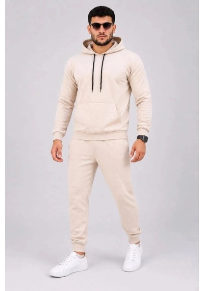 Freedom Storee Erkek İki İplik Kapüşonlu Kanguru Cepli Sweatshirt Jogger Pantolon Alt Üst Eşofman Takımı -bej Çok Renkli