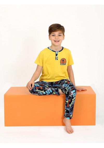 Vitmo Erkek Çocuk Kısa Kollu Düğme Detaylı %100 Pamuklu Pijama Takımı Skate Sarı