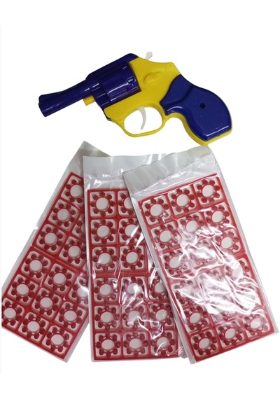 Sarı Lacivert Taraftar Kapsül Oyuncak Silah + 3 Yedek Paket Mermi 432 Kapsül 1 Set