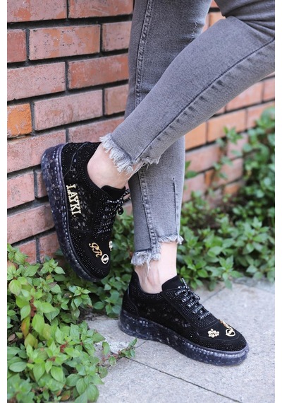 Astra Taşlı Desenli Şeffaf Taban Siyah Renkli Kadın Sneaker-siyah Siyah