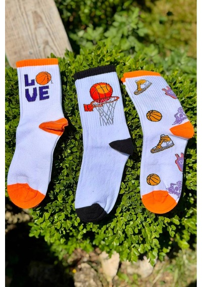 Lousocks Unisex Basketbol Desenli 3'lü Tenis Spor Çorap Beyaz