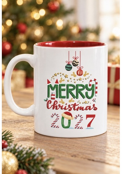 Mesela Yılbaşı Kupası Merry Christmas 2027 Desenli Kırmızı İçli Hediyelik Kahve Kupa Bardak Beyaz