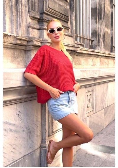 Veraura Lifestyle Kırmızı Kayık Yaka Ajurlu Triko