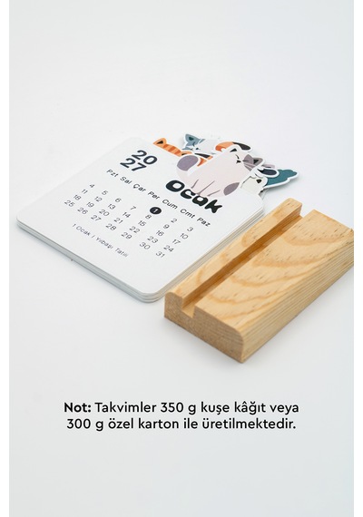 Ahşap Standlı Özel Kesim Kedi Tasarımlı 2027 Masaüstü Takvimi 8,5x12 Cm - Sevimli Yeni Yıl Hediyesi Çok Renkli