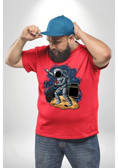 Angemiel Gitar Astronot Müzik Uzay Kırmızı Büyük Beden Erkek Kadın Unisex Basic Ön Baskılı Tişört Kırmızı
