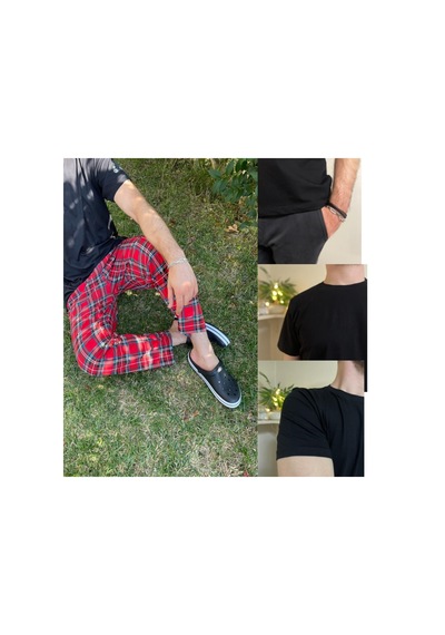 Regular Fit Alt Ekose Pamuklu Örme Bisiklet Yaka Erkek Pijama Takımı