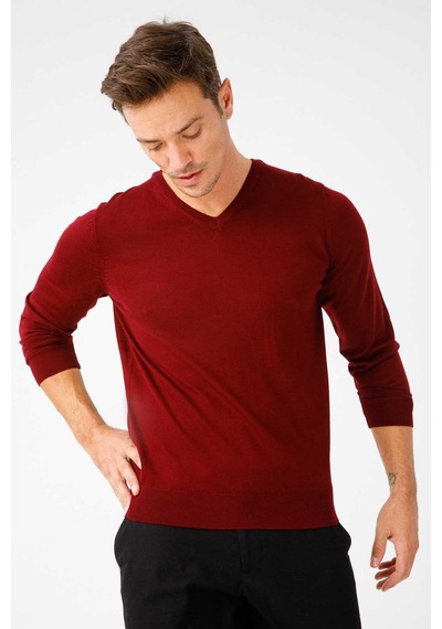 Desen Triko Erkek Basic V Yaka İnce Triko Kazak 02421602 Bordo Bordo