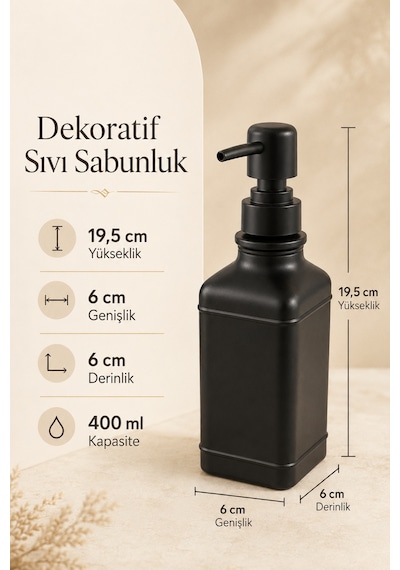 Aura Cam Sıvı Sabunluk 400 Ml Siyah Pompalı Modern Dekoratif Banyo Ve Mutfak Dispenseri - 19,5 Cm X 6 Cm X 6 Cm