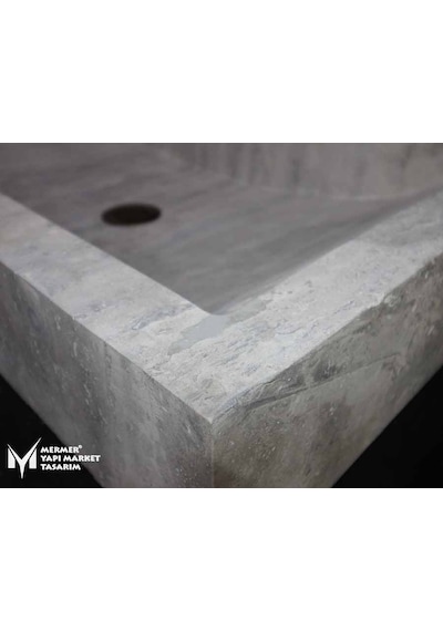 Gümüş Traverten Modern Kare Lavabo