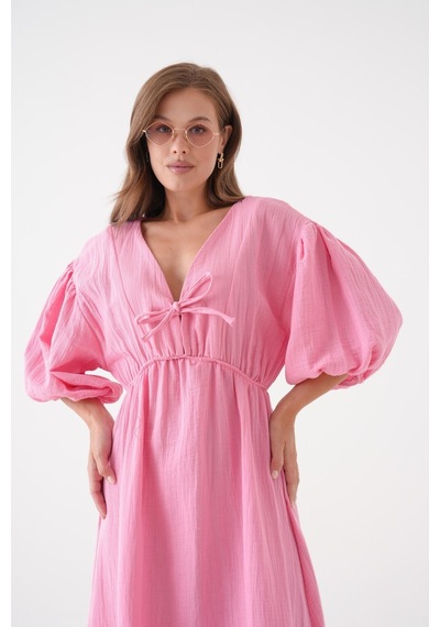 Mg Otantik %100 Pamuk V Yaka Müslin Kumaş Beli Lastikli İp Detaylı Kısa Kol Elbise Mg-2025 Pembe Mg Otantik %100 Pamuk V Yaka Müslin Kumaş Beli Lastikli İp Detaylı Kısa Kol Elbise Mg-2025 Pembe