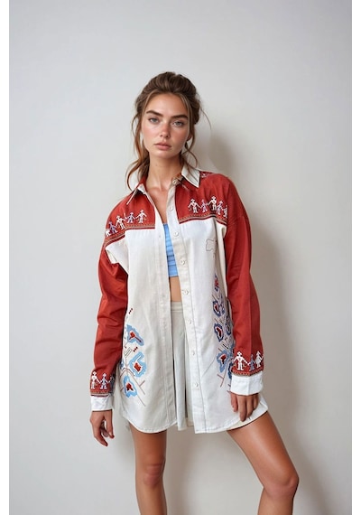 Bej Nakışlı Renk Bloklu Oversize Gabardin Ceket Bchesq-251024 Çok Renkli