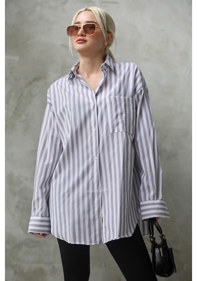 Madmext Gri Çizgili Oversize Kadın Gömlek Mg1688-gri Gri