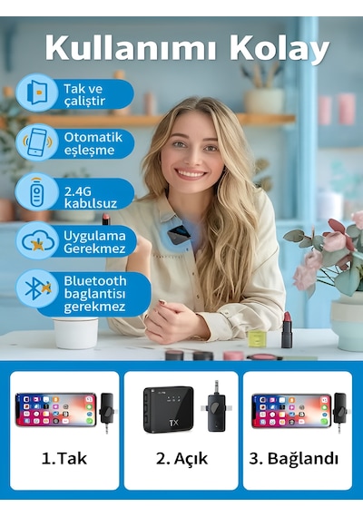 Lightining Type-c 3.5mm Uyumlu Dijital Ekranlı 2.4g Kablosuz Çift Yaka Mikrofonu Pro++