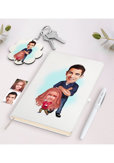 Kişiye Özel Baba Kız Karikatürlü Beyaz Defter Kalem Ve Anahtarlık N11.4512