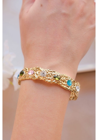 Gold Vintage Renkli Zirkon Taşlı Çelik Kelepçe Bileklik Gold