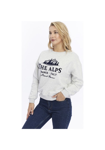 Gidia Kadife The Alps Desenli Gri Melanj Yumuşak Dokulu Regular Fit Bisiklet Yaka Kadın Sweatshirt Grimelanj