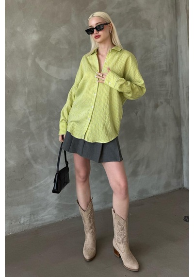Madmext Sarı Çizgili Oversize Kadın Gömlek Mg2327 Sarı