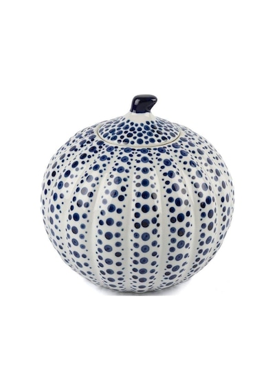 Mavi Noktalı Seramik Küp Kapaklı Vazo 19x20cm Mavi Beyaz