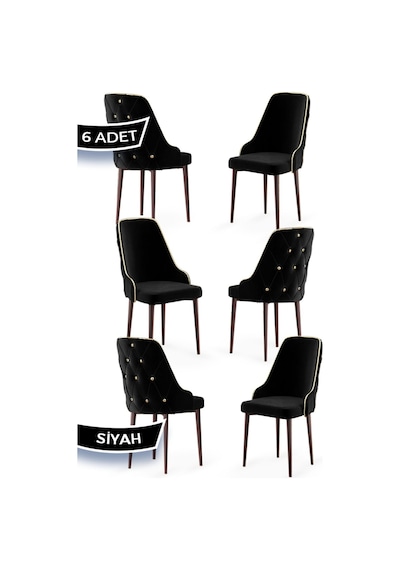 Canisa Krax Serisi, 1.sınıf Babyface Kumaş Mutfak Sandalyesi, Kahve Metal Ayak, 6 Adet Siyah Sandalye Sandalye Siyah Ayaklar Kahve