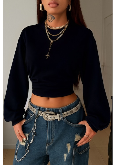 Kadın Bisiklet Yaka Belden Oturtmalı Tasarım Sweatshirt Siyah