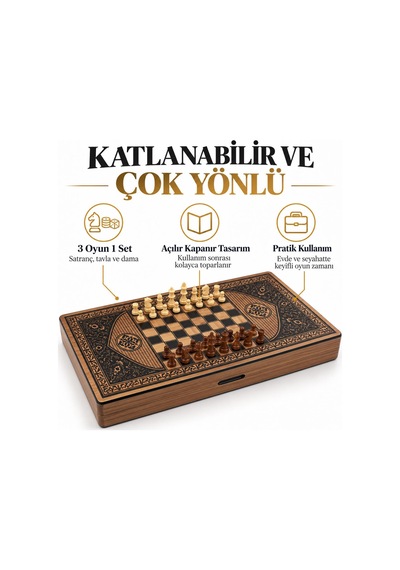 3 Ü 1 Arada Ahşap Satranç Tavla Dama Seti 50 50 Cm Katlanabilir At Figürlü Taş Çantalı Oyun Takımı