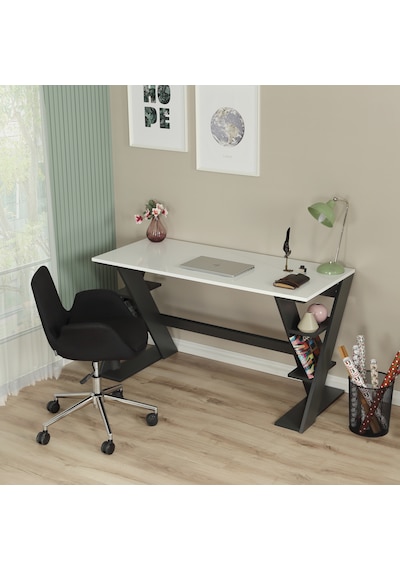 Pasific Home Lungo Raflı Çalışma Masası, Ofis Masası, 60X140 Cm, Antrasit&Beyaz Antrasit  -  Beyaz