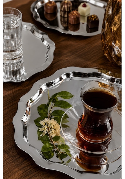 Jasper Elora 6'lı Paslanmaz Çelik Oval Kahve Sunum Tepsisi Servis Çay Tepsisi Dekoratif Tepsi Sunum Tepsi Gümüş