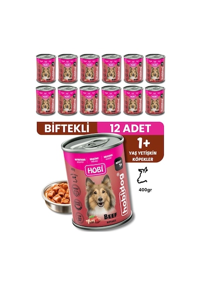 Hobi Hobidog Biftekli Yetişkin Köpek Konservesi 400 Gr X 12 Adet Tam Ve Dengeli Yaş Mama