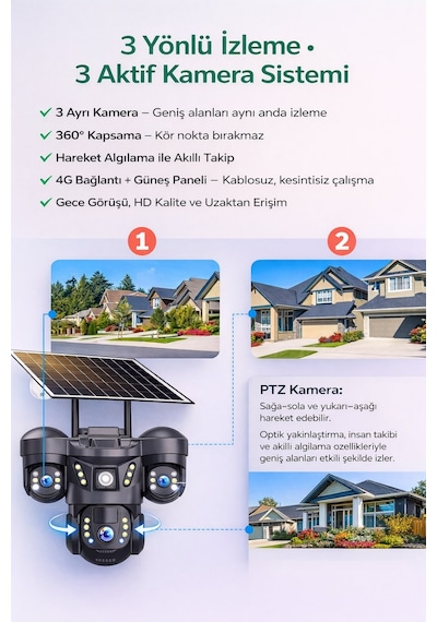 Snr 4g 3 Lensli Sım Kartlı 360 Ptz Solar Güvenlik Kamerası Güneş Panelli Gece Görüşlü Dış Mekan