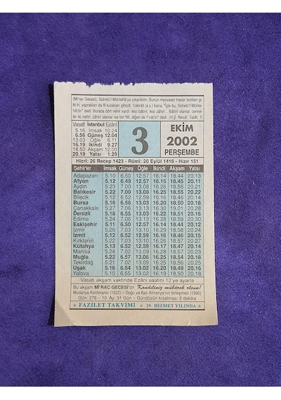 3 Ekim 2002 Takvim Yaprağı - Nostalji Koleksiyonluk Takvim Yaprağı