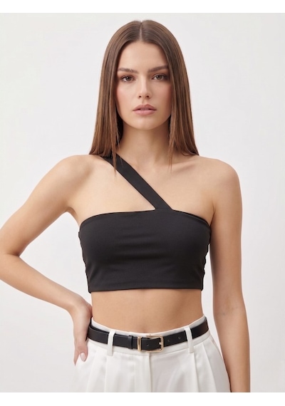 Vaura Çapraz Askılı Minimalist Crop Top Bluz siyah