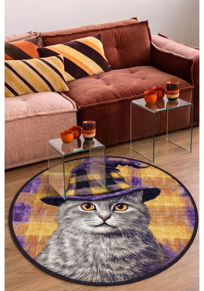 Cadı Şapkalı Kedi Desenli Yuvarlak Halı Mor Sarı Şönil Dokulu Dekoratif Halı Mor Sarı Turuncu