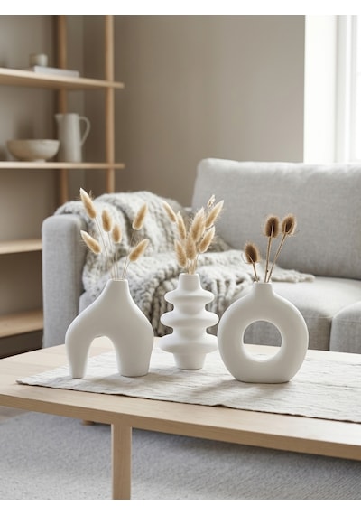 Kaveld Trio Forma El Yapımı 3'lü Dekoratif Vazo Seti, Kemer + Yığma Halka + Donut Form Mermer Tozu & Beton Minimalist Kuru Çiçek Vazosu Beyaz Kaveld Trio Forma El Yapımı 3'lü Dekoratif Vazo Seti, Kemer + Yığma Halka + Donut Form Mermer Tozu & Beton Minimalist Kuru Çiçek Vazosu Beyaz