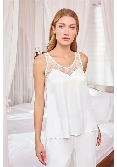 Ang Butik Kadın Dantelli Ve Dekolteli Saten Pijama Takımı BEYAZ