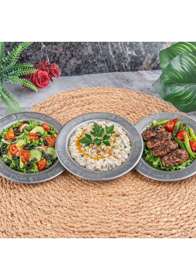 3 Adet Krom Çelik Yuvarlak Servis Tabağı, 18 Cm, Kabartma Desenli, Paslanmaz, Salata Meze Köfte Sunumu, 3 Adet Gümüş