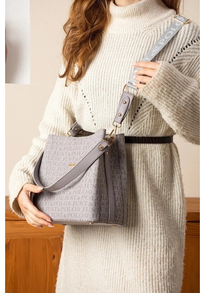 Just Polo Kadın Monogram Baskılı El Ve Omuz Çantası Ebat 25 X 25 GRİ