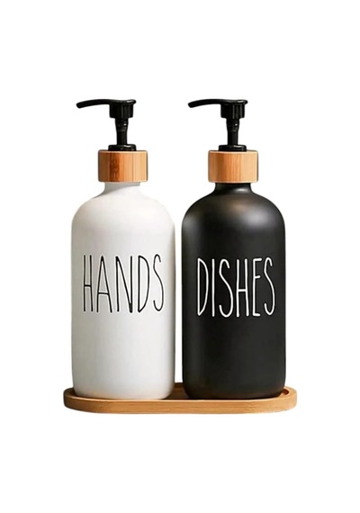 Hands Dishes Siyah Beyaz Dekoratif Mutfak Banyo Sıvı Cam Sabunluk Seti 500ml Bambu Stantlı Set Siyah