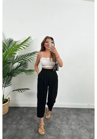 Defymoda Kadın Yüksek Bel Hürrem Pantolon Siyah