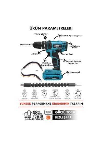 Assur 12V Çift Akülü Metal Şanzıman Şarjlı Darbeli Matkap Akülü Vidalama - 2688