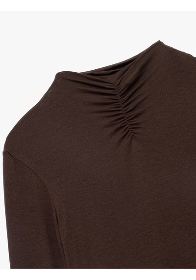 Koton Viskon Kumaş Uzun Kollu Drape Detaylı Dik Yaka Body Kahverengi 7wak50002ek Kahve