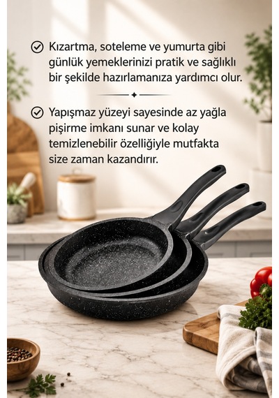 3'lü Tava Seti - Döküm Granit Yanmaz Yapışmaz Ergonomik Kulplu Premium Tava 21 - 25 - 30 Cm Siyah