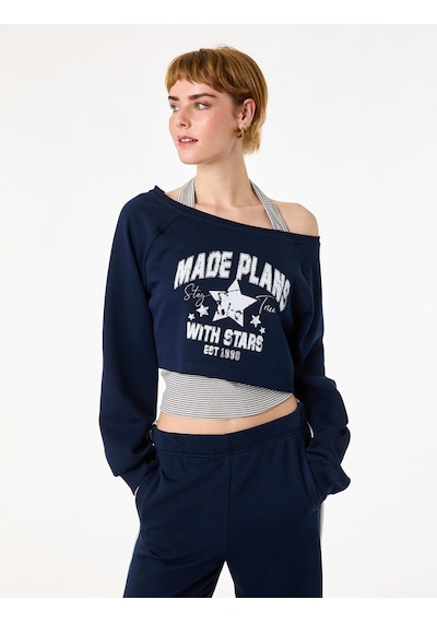 Koton Rahat Kalıp Uzun Kollu Boyundan Bağlama Detaylı Crop Baskılı Sweatshirt Lacivert 6sal10378ık